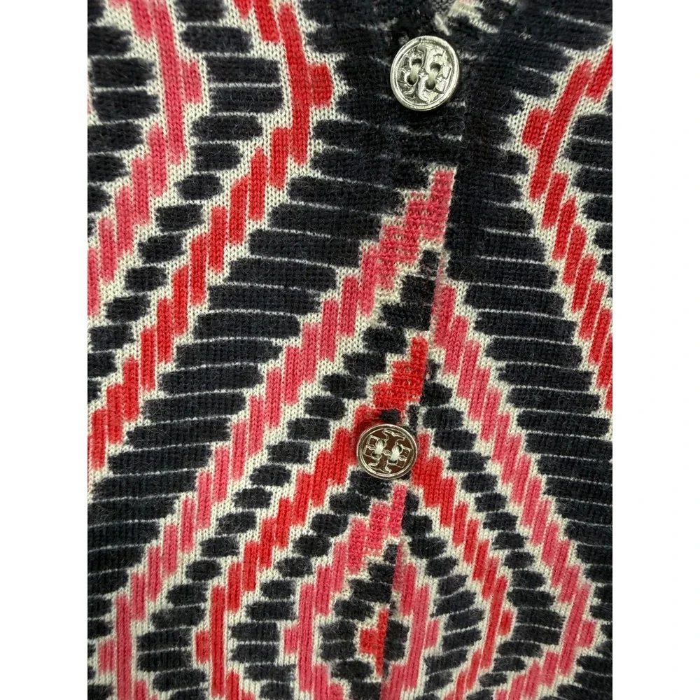 Tory Burch Cardigan Women Medium Red Black Geometric 100 Wool V-Neck Logo Button